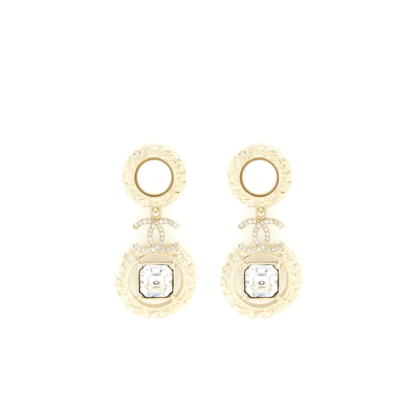 Chanel CC Logo With Pearls And Square Crystals Earrings L