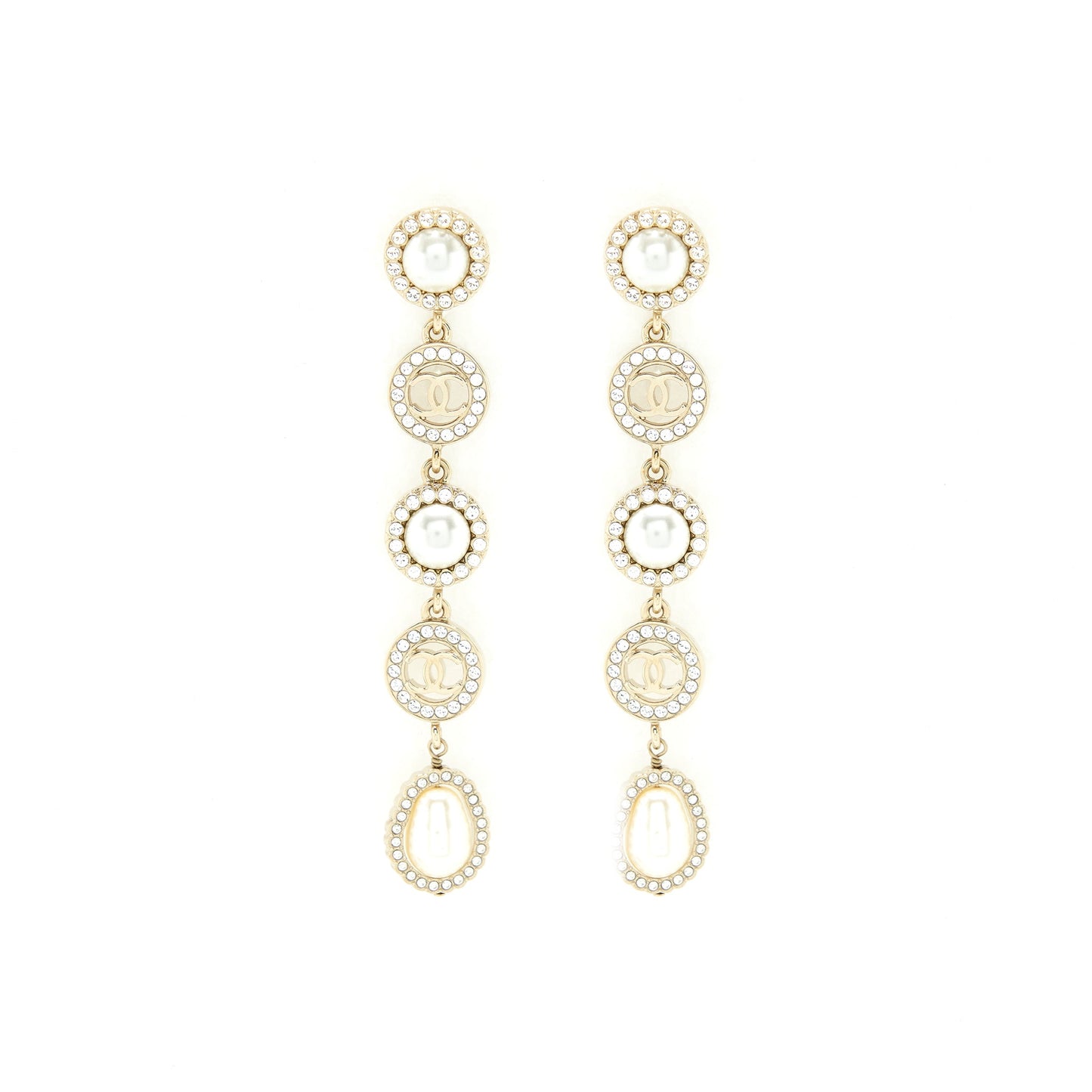 Chanel Crystals CC Logo And Pearls Round Drop Earrings L
