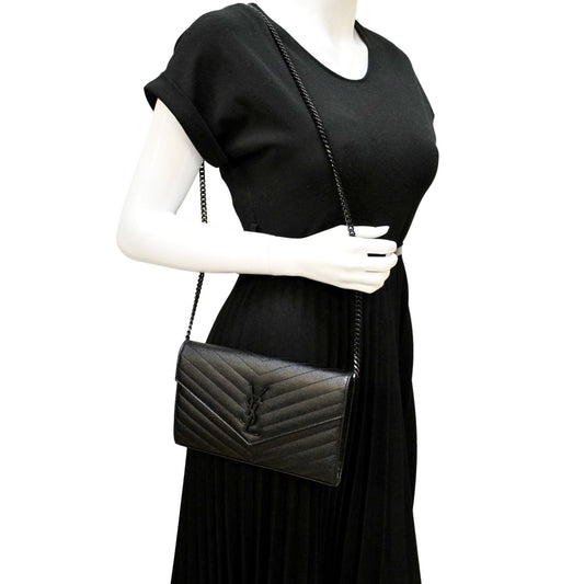 YVES SAINT LAURENT Cassandre Matelasse Chain Wallet Crossbody Bag Black