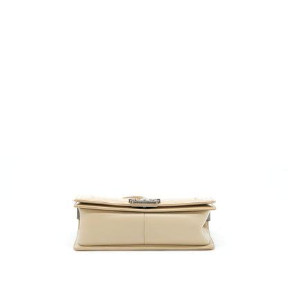 Chanel Medium Boy Patent Light Beige Ruthenium Sliver Hardware