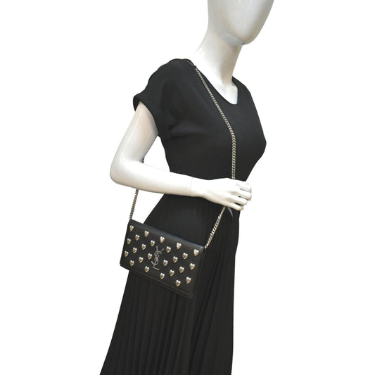 YVES SAINT LAURENT Kate Heart Studded Leather Shoulder Bag Black