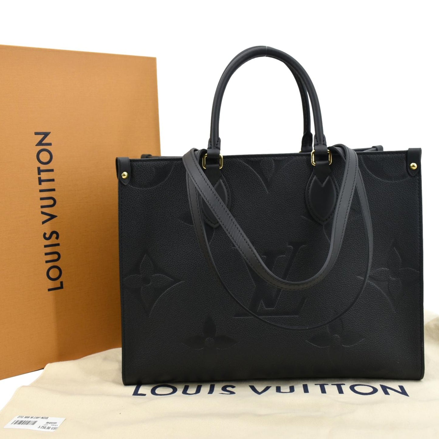 LOUIS VUITTON Onthego MM Giant Monogram Empreinte Leather Tote Shoulder Bag Black
