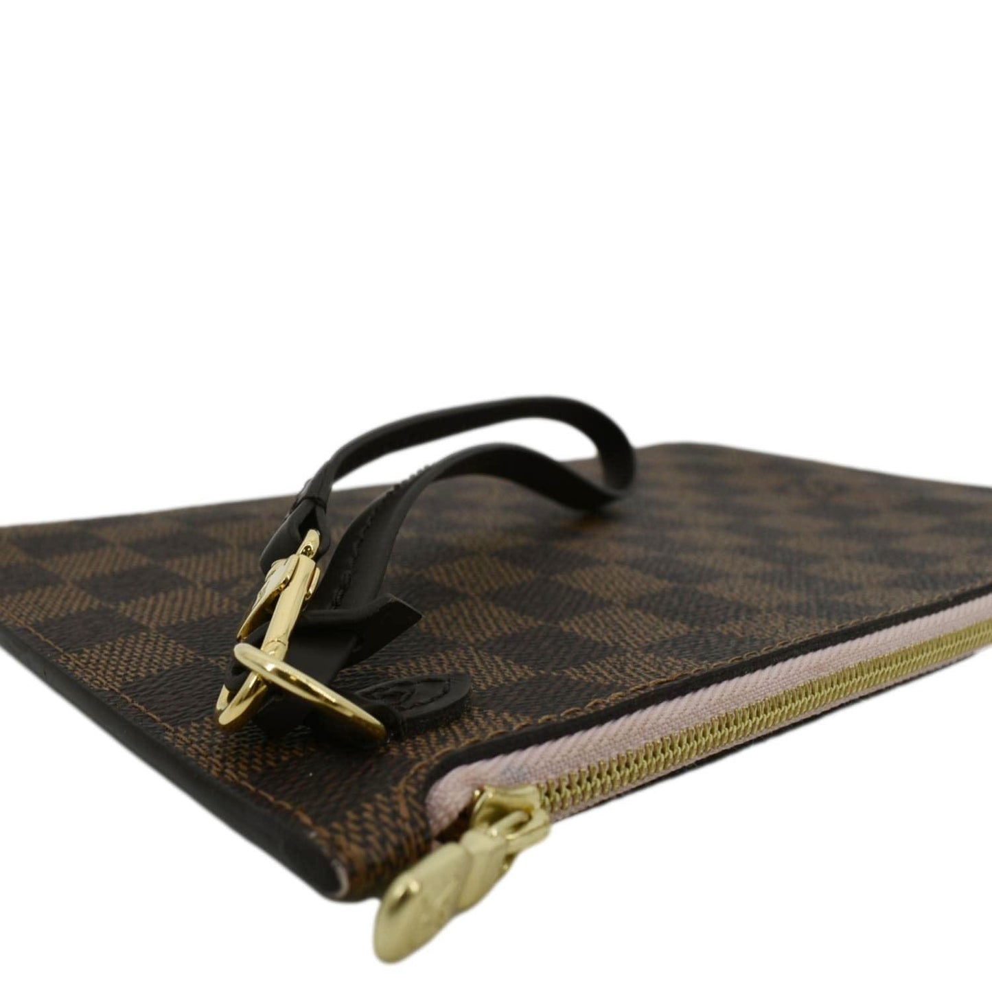 LOUIS VUITTON Neverfull Damier Ebene Pochette Wristlet Pouch Rose Ballerine