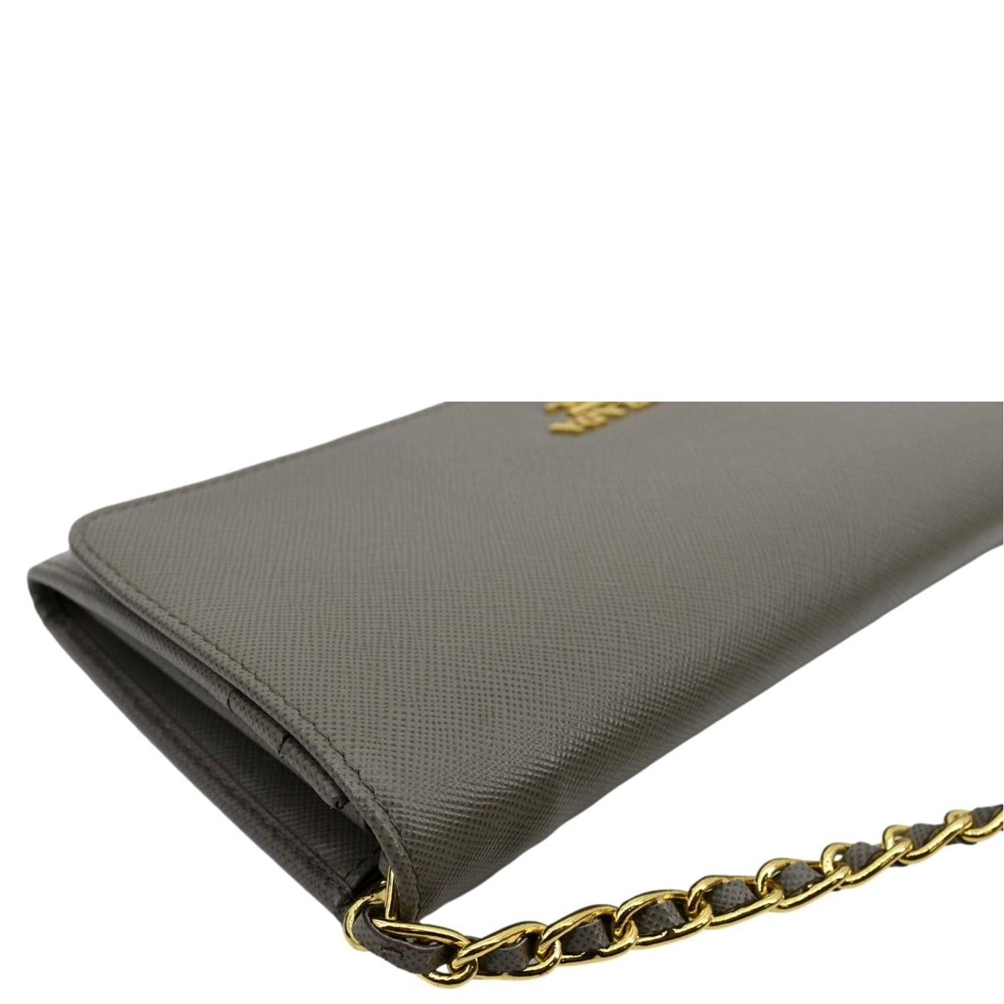 PRADA Saffiano Leather Wallet on Chain Clutch Crossbody Bag Argilla 1mt290