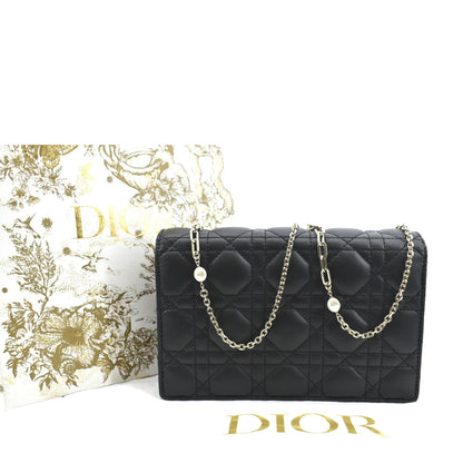 CHRISTIAN DIOR Lady Dior Leather Shoulder Chain Wallet Black