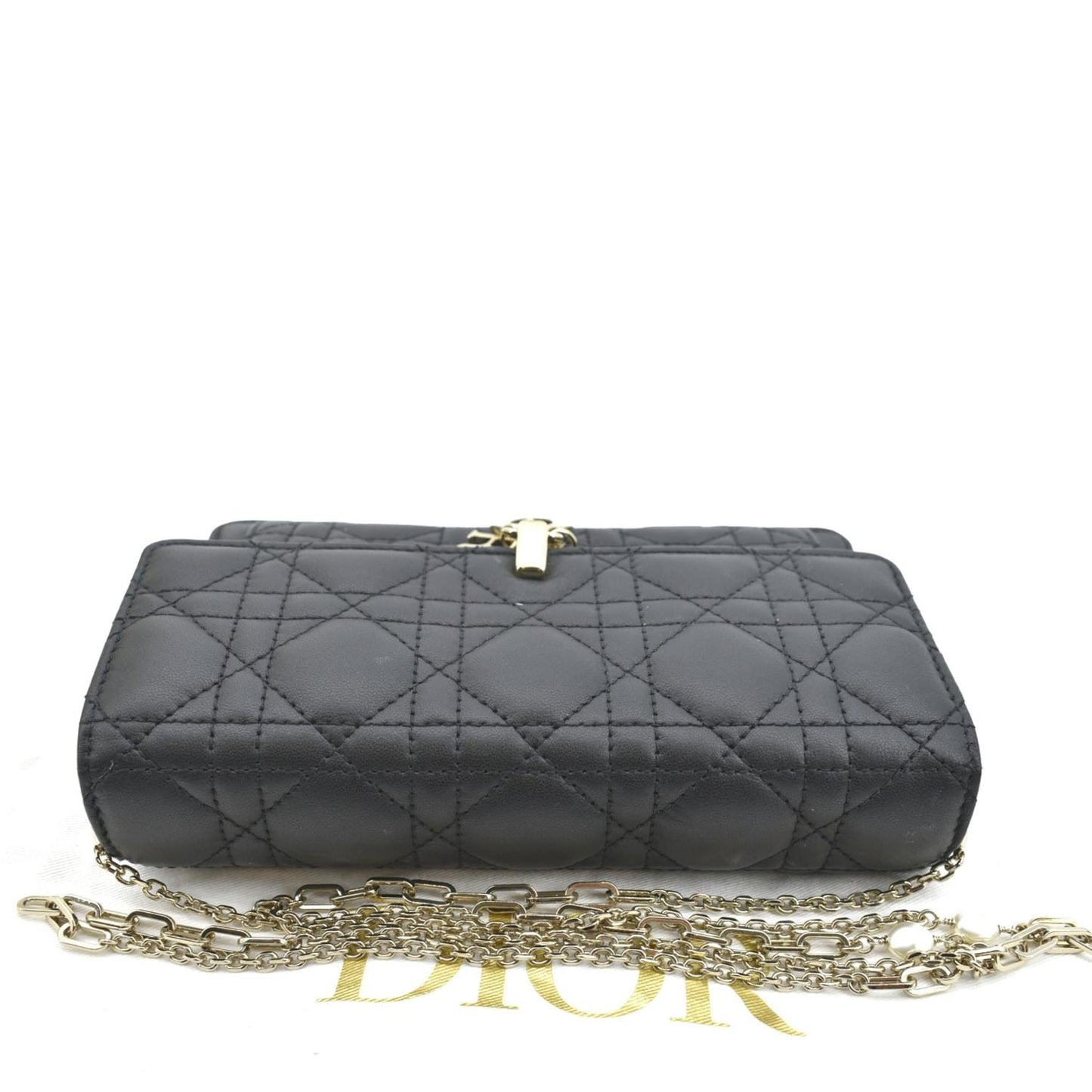 CHRISTIAN DIOR Lady Dior Leather Shoulder Chain Wallet Black