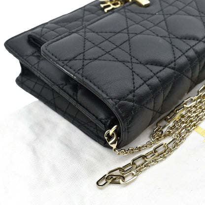 CHRISTIAN DIOR Lady Dior Leather Shoulder Chain Wallet Black