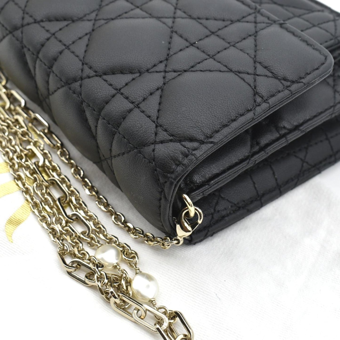 CHRISTIAN DIOR Lady Dior Leather Shoulder Chain Wallet Black