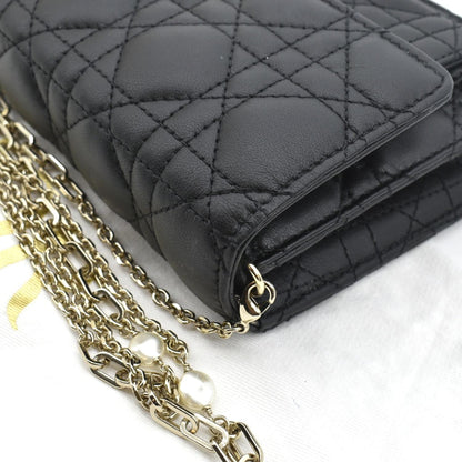 CHRISTIAN DIOR Lady Dior Leather Shoulder Chain Wallet Black