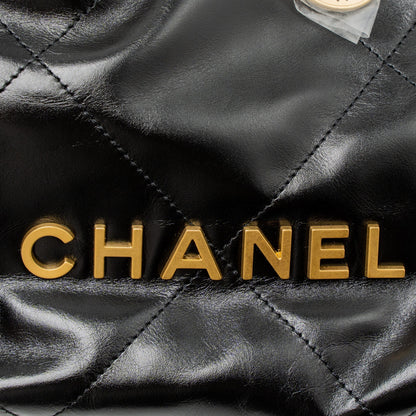 Chanel 23s Mini 22 Bag Shiny Calfskin Black Brushed  (Microchip)