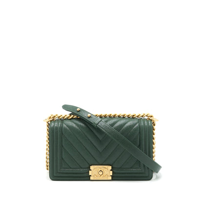 Chanel Chevron Medium Boy Bag Caviar Green Brushed