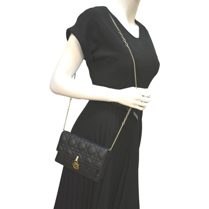 CHRISTIAN DIOR Lady Dior Leather Shoulder Chain Wallet Black
