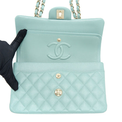Chanel 22C Small Classic Double Flap Bag Caviar NG124 Greyish Green L (Microchip)