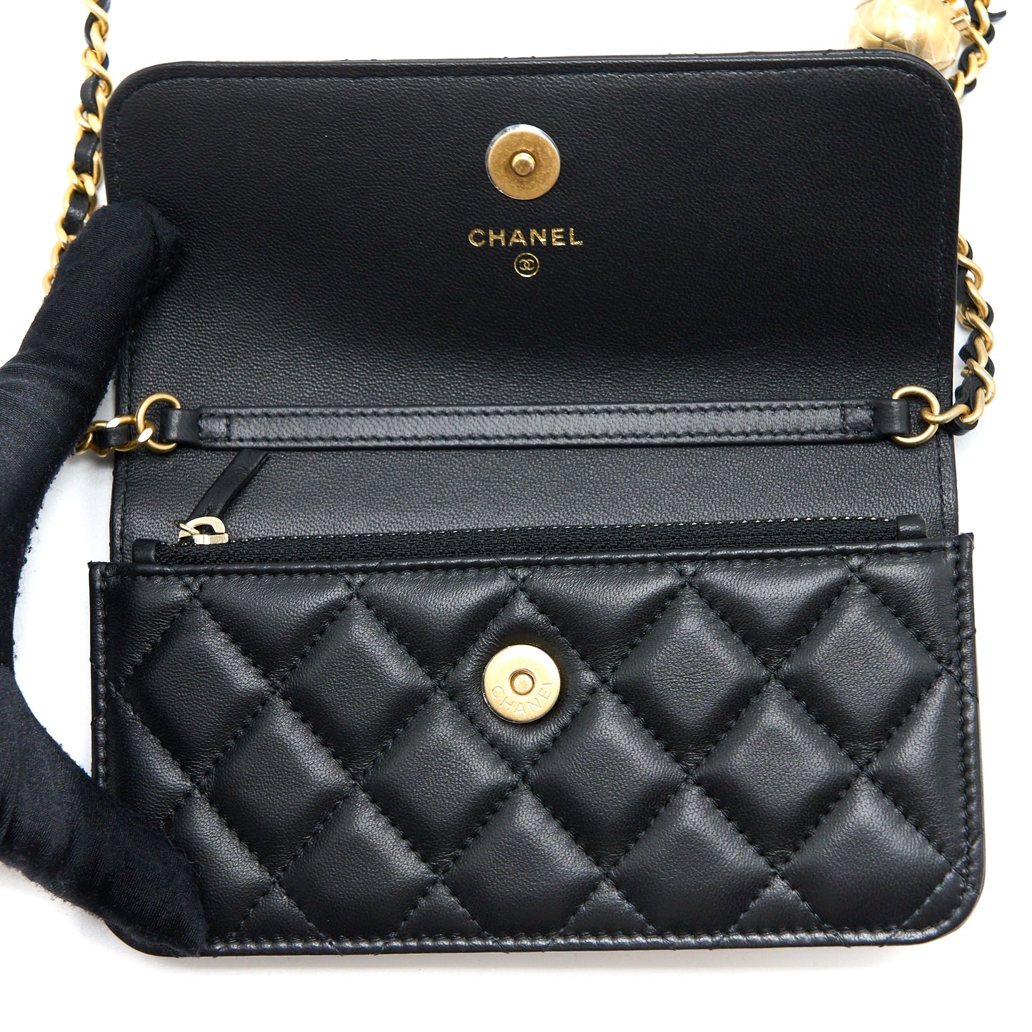 Chanel Pearl Crush Mini Wallet On Chain Lambskin Black Brushed  (Microchip)