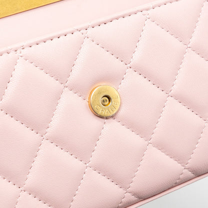 Chanel 22B Flap Bag With Enamel Top Handle Lambskin Light Pink  (Microchip)