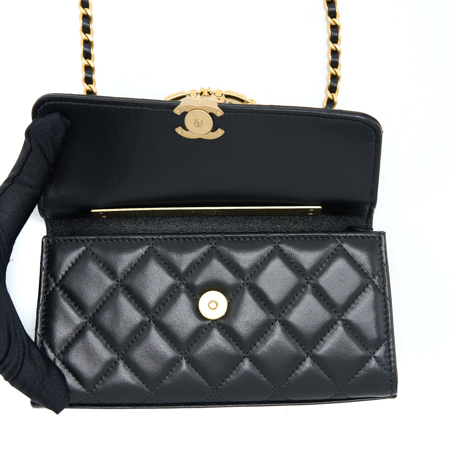 Chanel 22B Flap Bag With Enamel Top Handle Lambskin Black