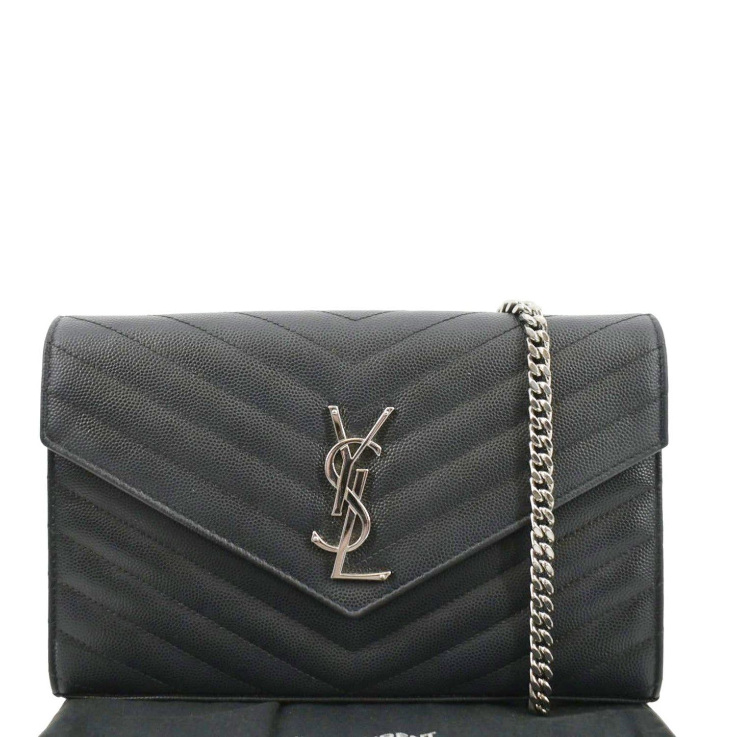 YVES SAINT LAURENT Cassandre Chain Wallet Leather Crossbody Bag Black