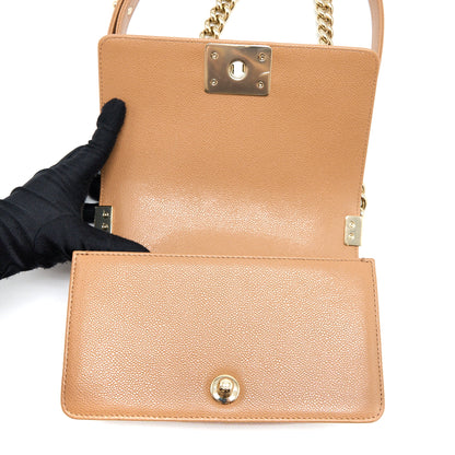 Chanel 21K Small Boy Bag Caviar Camel L (Microchip)