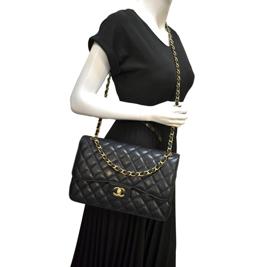 CHANEL Classic Jumbo Double Flap Quilted Caviar Leather Shoulder Bag Black