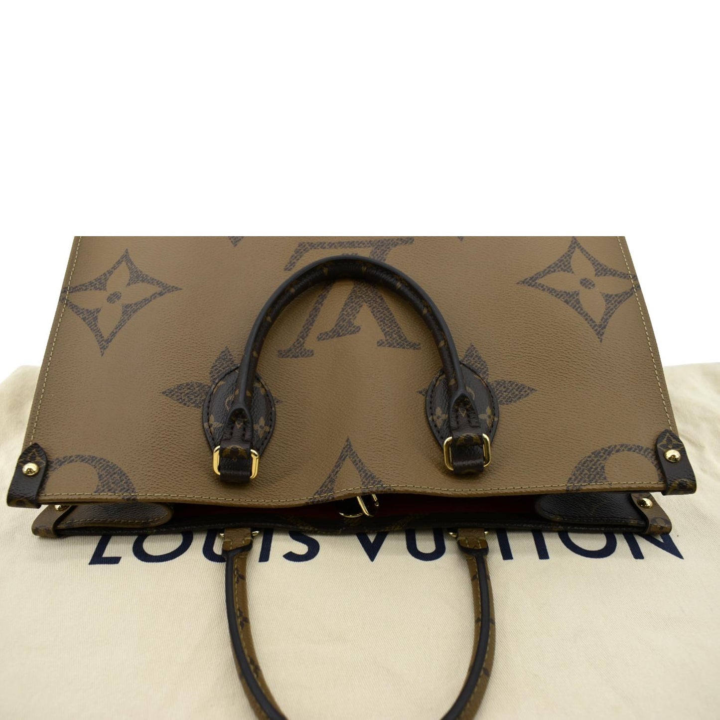 LOUIS VUITTON Onthego MM Giant Monogram Reverse Canvas Tote Shoulder Bag Brown
