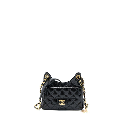 Chanel 23C Small Hobo Bag Shiny Calfskin Black Brushed  (Microchip)