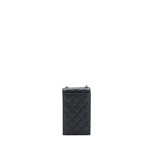 Chanel Vertical Flap Phone Pouch with Pearl Chain Lambskin Black Brushed