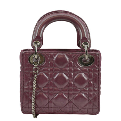 CHRISTIAN DIOR Mini Lady Dior Pearlescent Cannage Lambskin Shoulder Bag Dark Pink