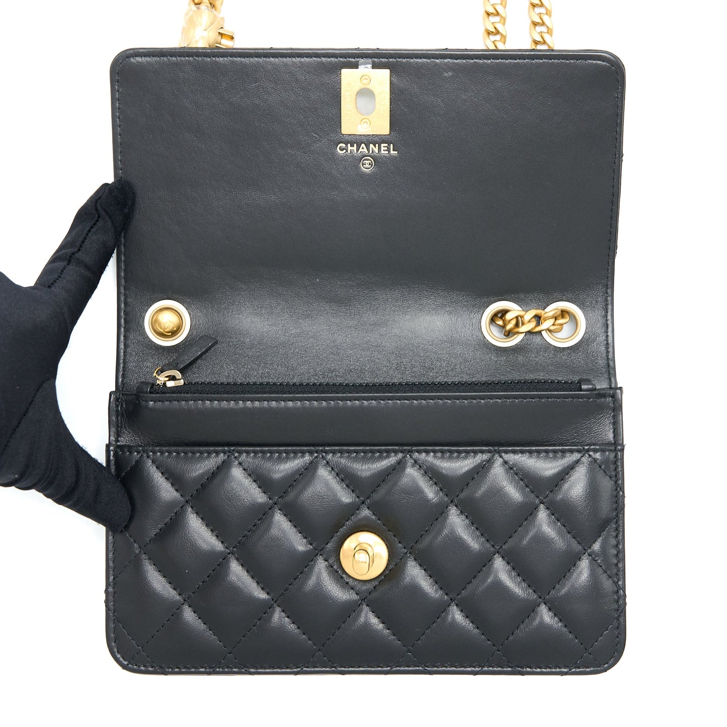 Chanel 22K Gold Pillar Wallet On Chain Lambskin Black Brushed  (Microchip)