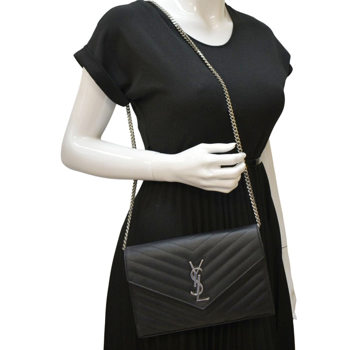 YVES SAINT LAURENT Cassandre Chain Wallet Leather Crossbody Bag Black