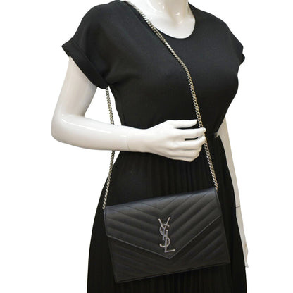 YVES SAINT LAURENT Cassandre Chain Wallet Leather Crossbody Bag Black