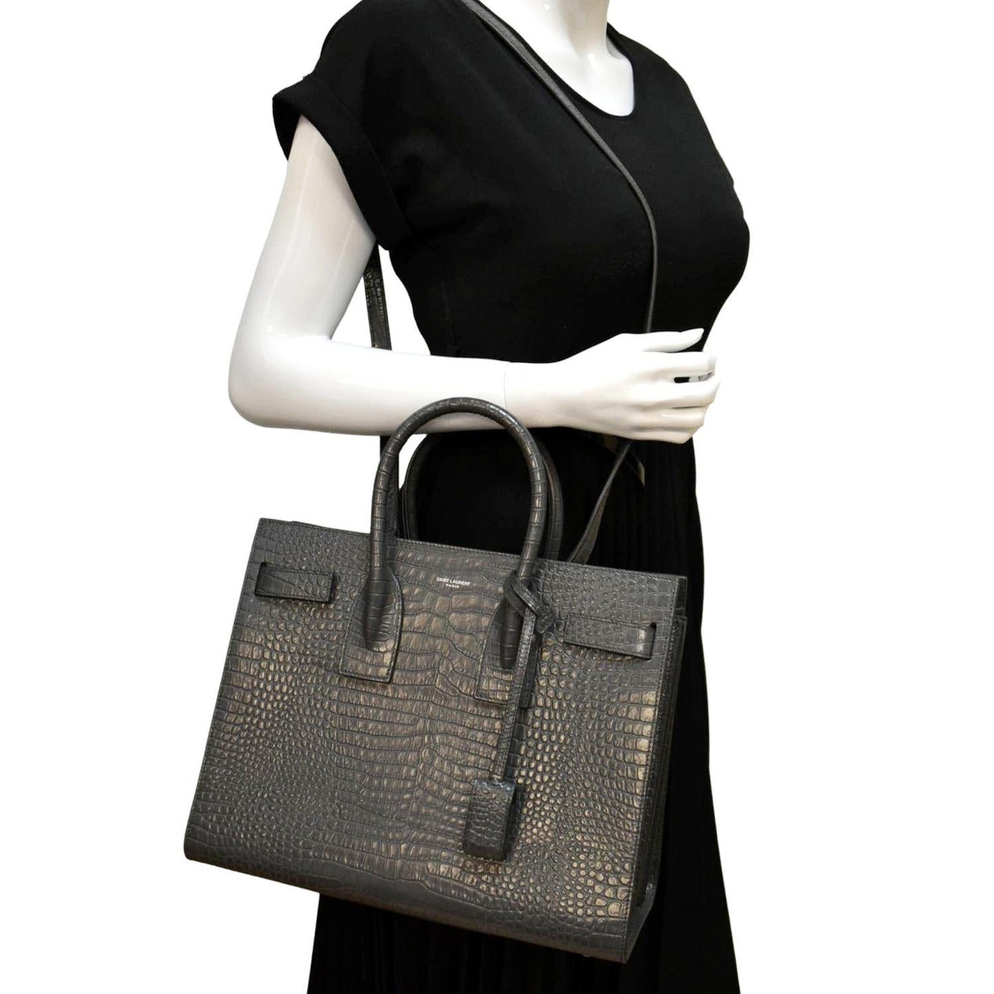 YVES SAINT LAURENT Sac de Jour Crocodile-Embossed Satchel Bag Grey