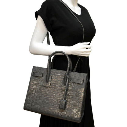 YVES SAINT LAURENT Sac de Jour Crocodile-Embossed Satchel Bag Grey