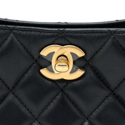 Chanel Pearl Crush Hobo Bag Lambskin Black  (Microchip)