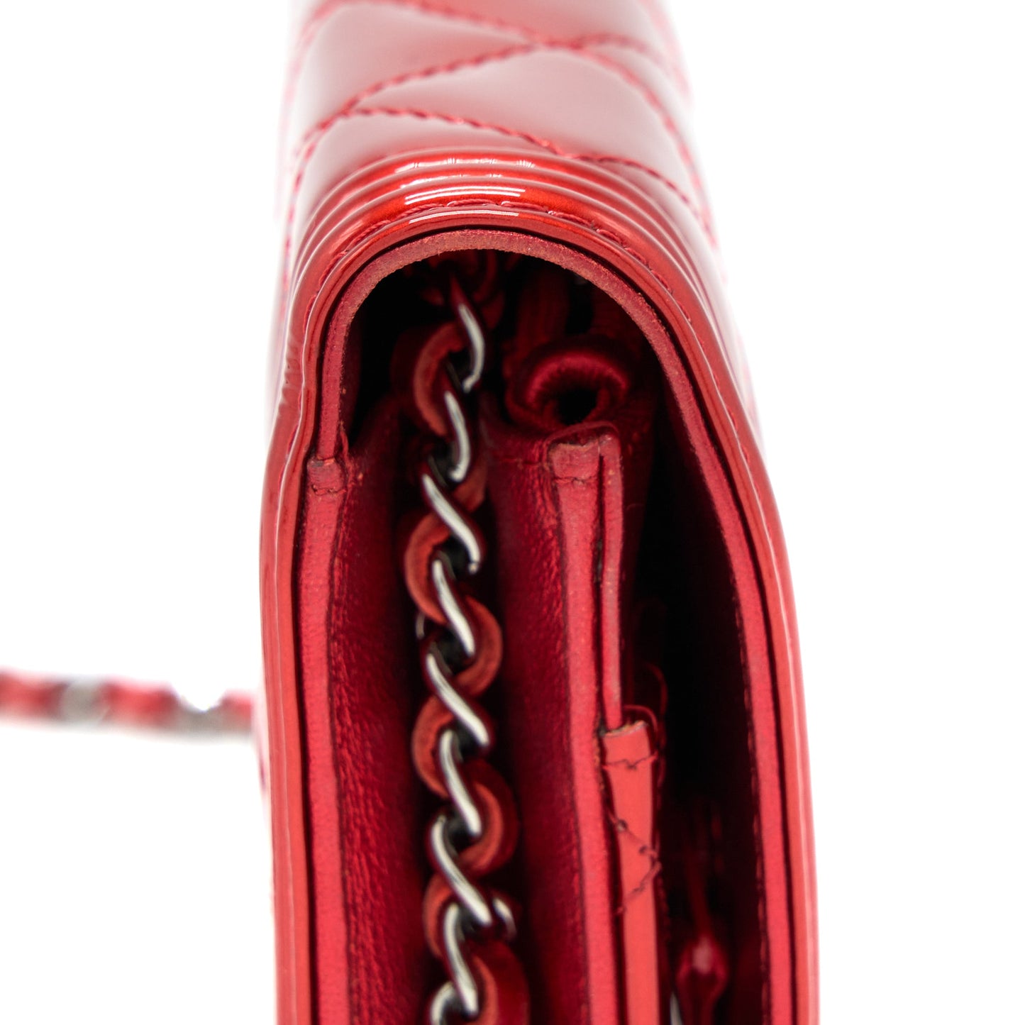 Chanel Boy Wallet On Chain Patent Metallic Red