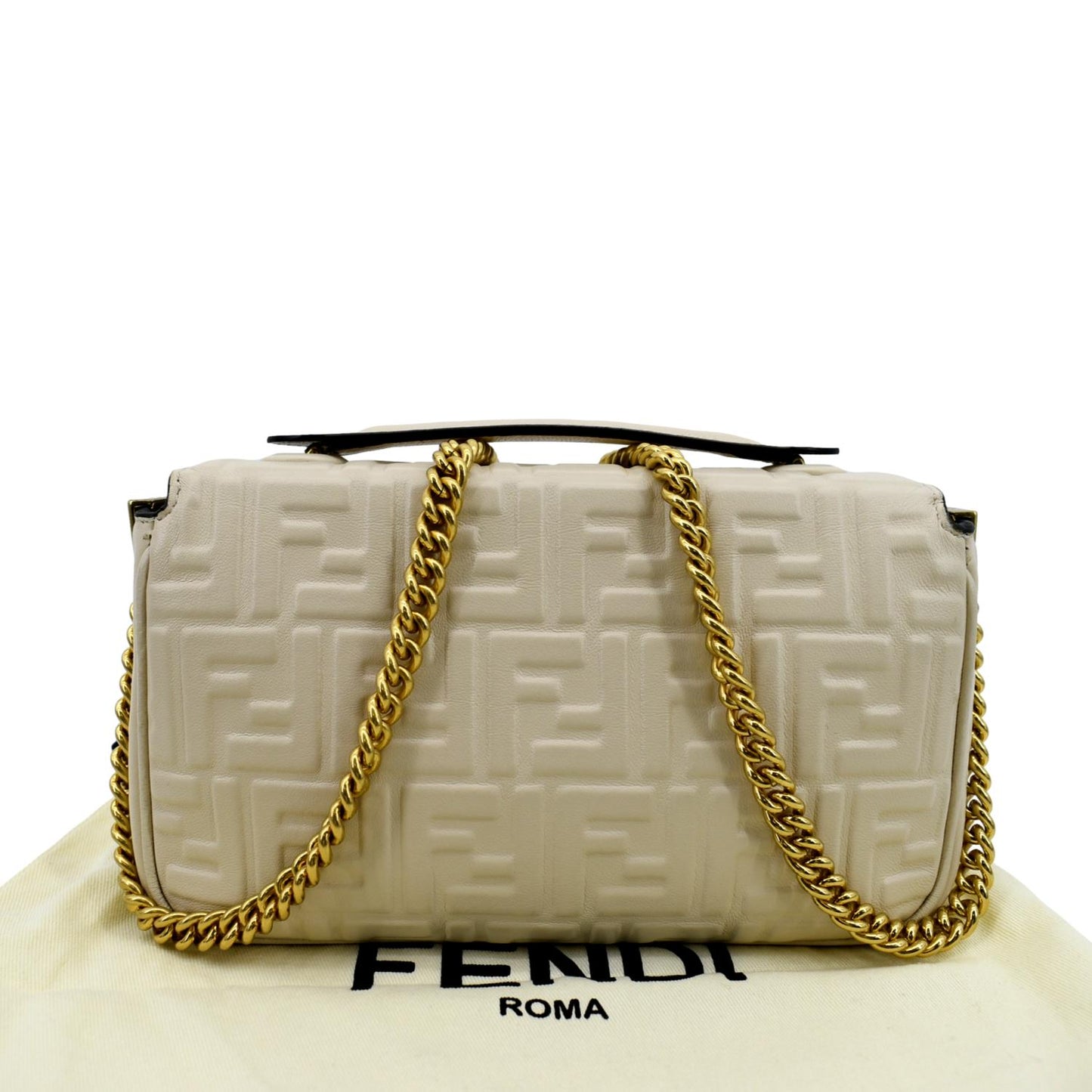 FENDI Baguette Leather Chain Shoulder Bag Light Beige
