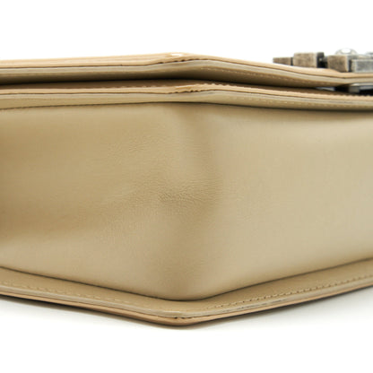Chanel Medium Boy Patent Light Beige Ruthenium Sliver Hardware