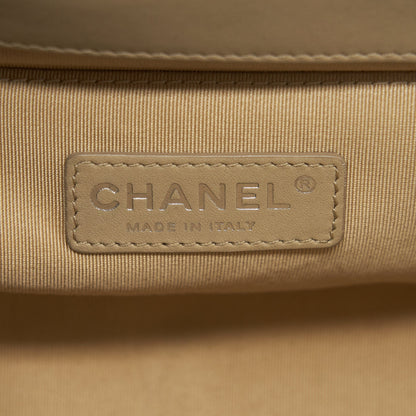 Chanel Medium Boy Patent Light Beige Ruthenium Sliver Hardware
