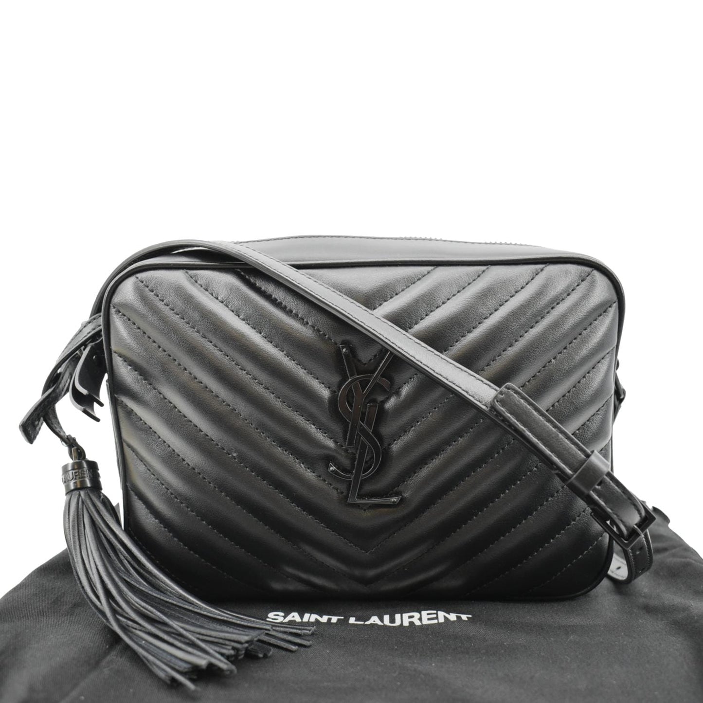 YVES SAINT LAURENT Lou Chevron Leather Camera Crossbody Bag Black