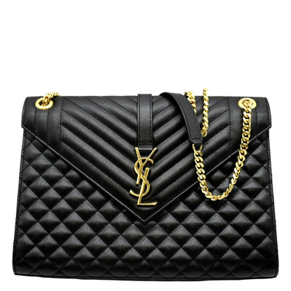 YVES SAINT LAURENT Large Envelope Calfskin Leather Chain Shoulder Bag Black