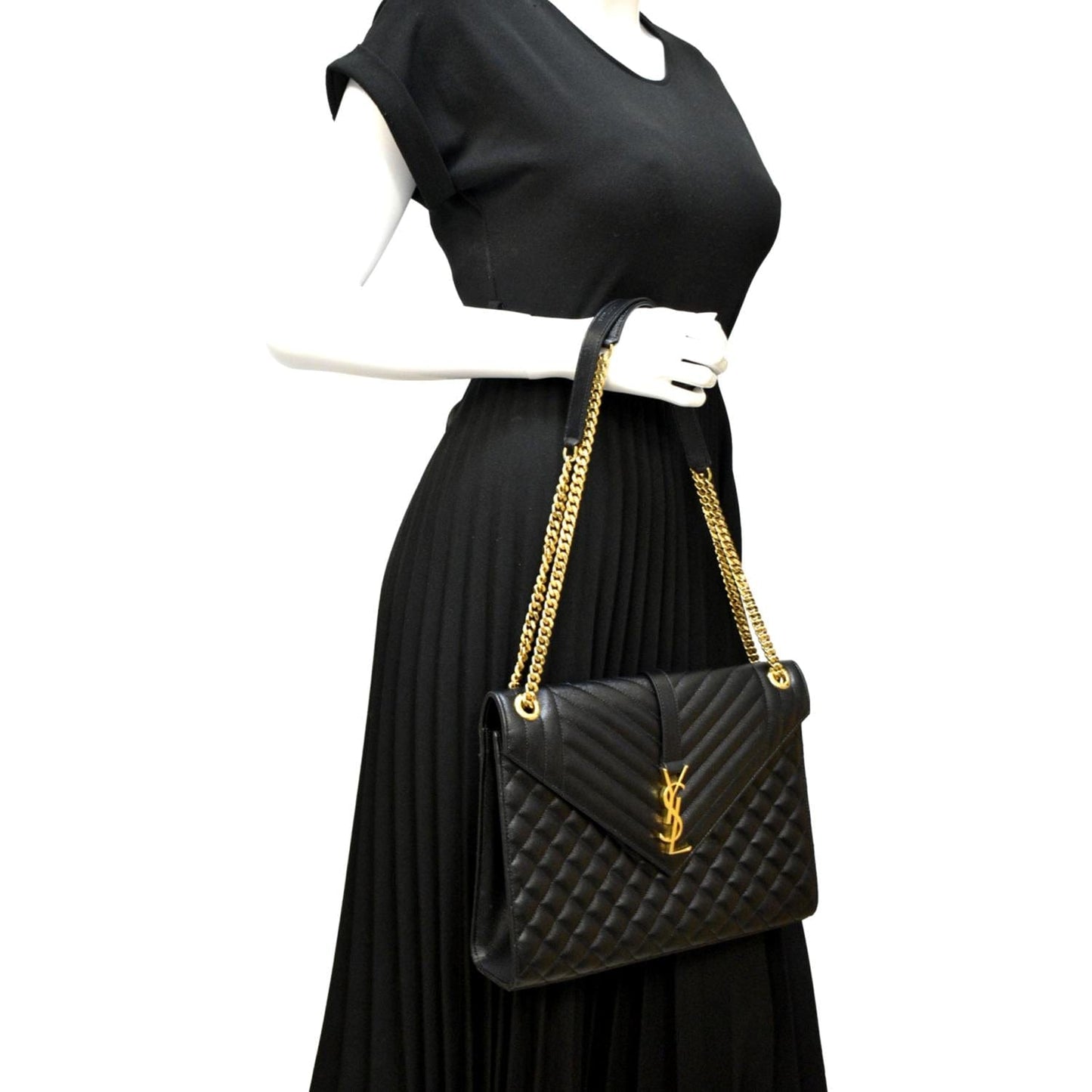 YVES SAINT LAURENT Large Envelope Calfskin Leather Chain Shoulder Bag Black