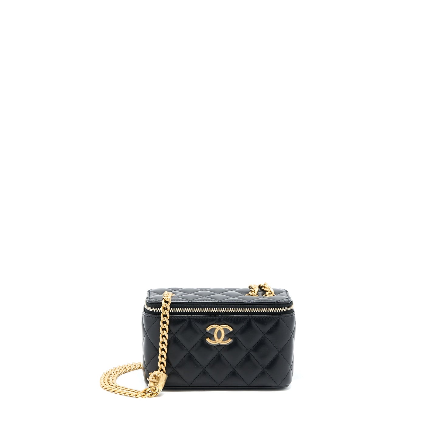 Chanel 22K Gold Pillar Adjustable Chain Long Vanity Lambskin Black  (Microchip)