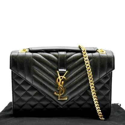 YVES SAINT LAURENT Medium Envelope Leather Chain Shoulder Bag Black
