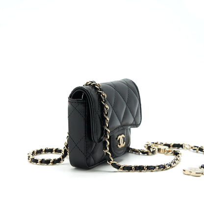 Chanel Flap Card Holder Belt Bag With Chain Lambskin Black L