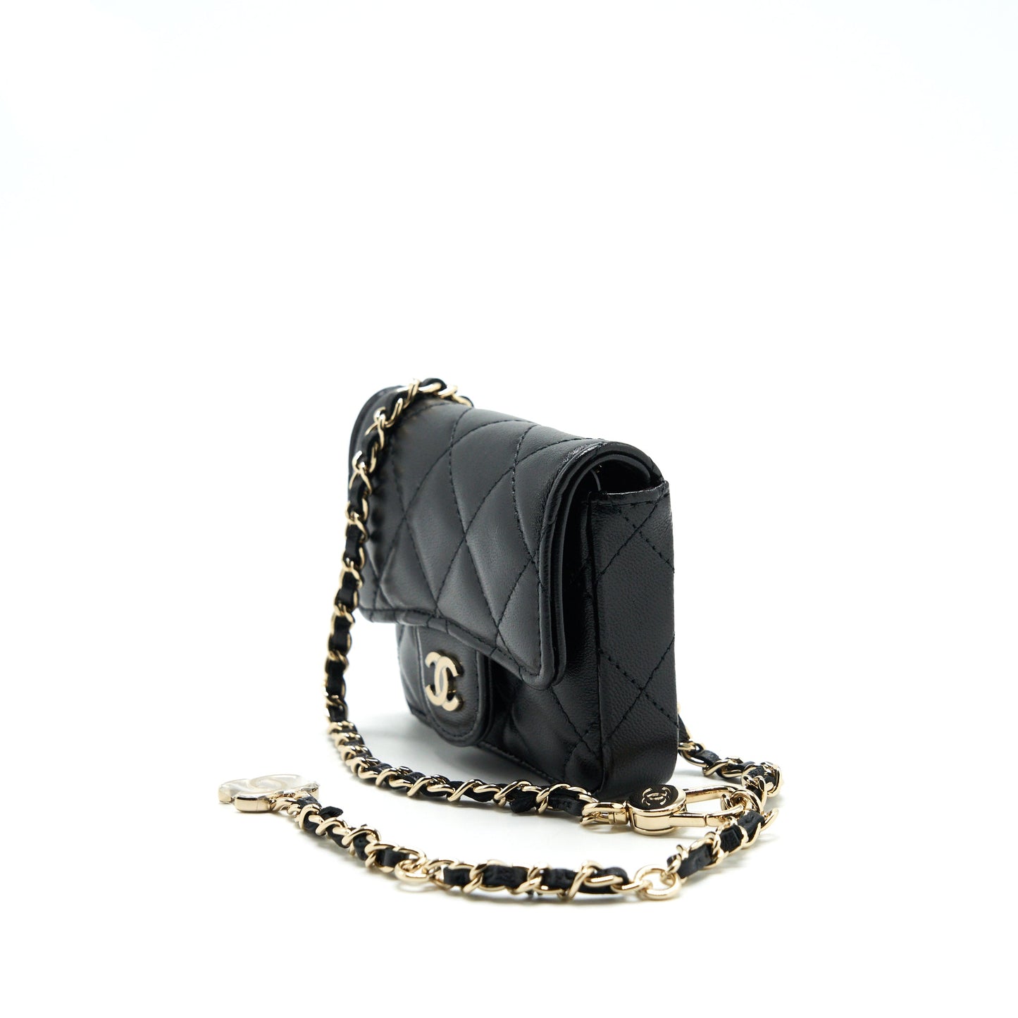 Chanel Flap Card Holder Belt Bag With Chain Lambskin Black L