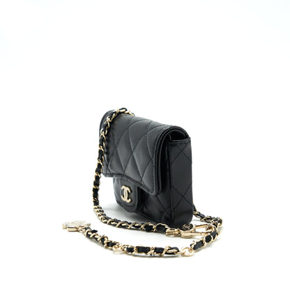 Chanel Flap Card Holder Belt Bag With Chain Lambskin Black L