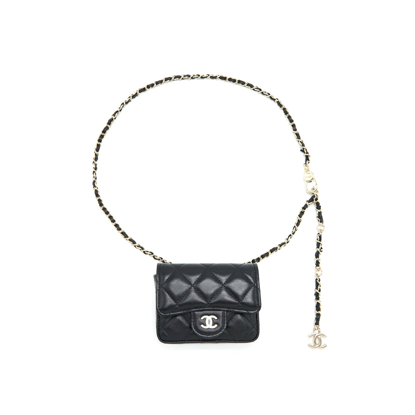 Chanel Flap Card Holder Belt Bag With Chain Lambskin Black L