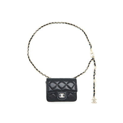 Chanel Flap Card Holder Belt Bag With Chain Lambskin Black L