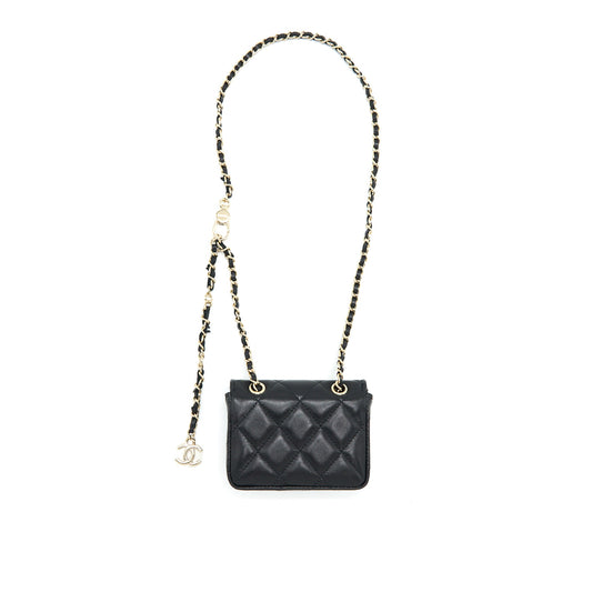 Chanel Flap Card Holder Belt Bag With Chain Lambskin Black L