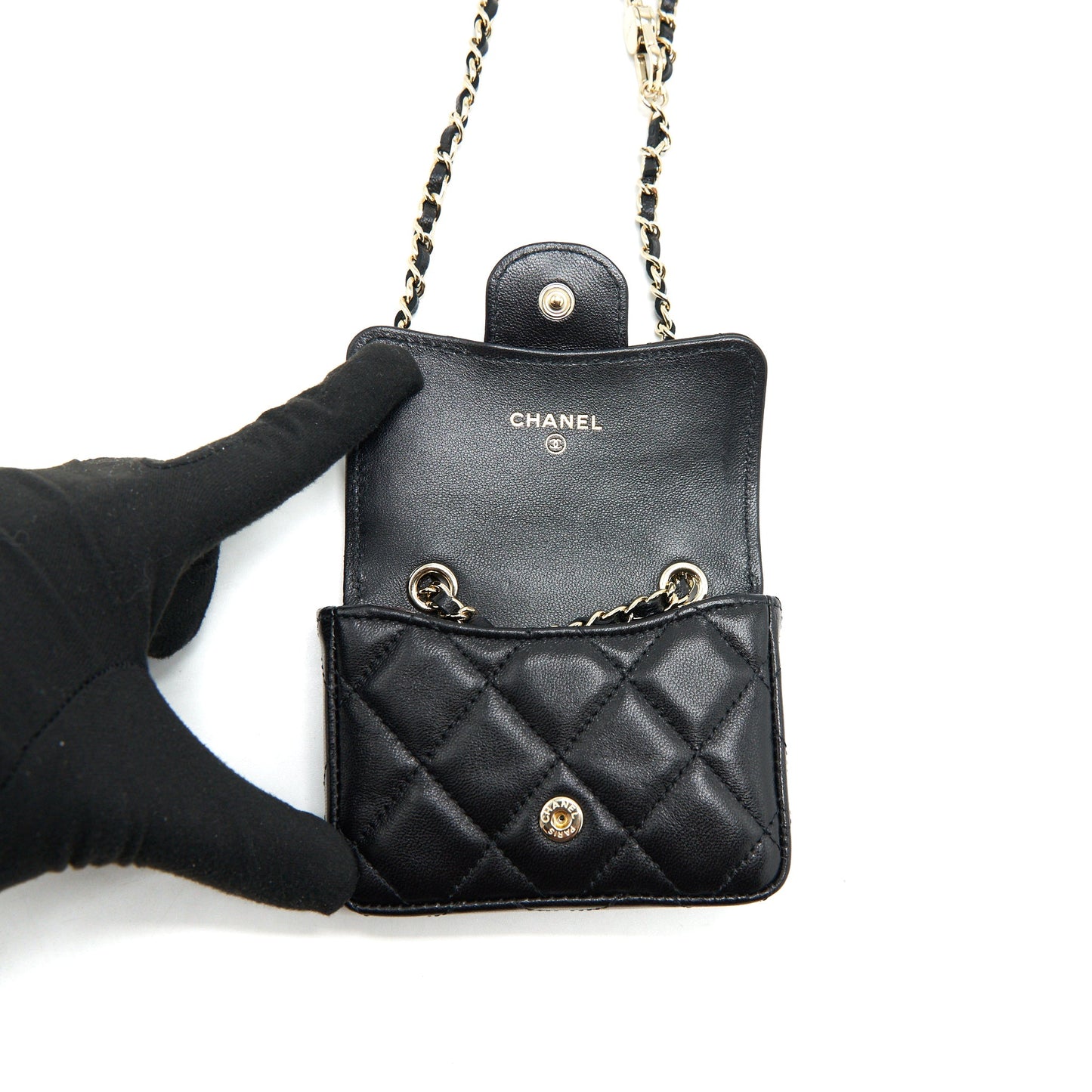 Chanel Flap Card Holder Belt Bag With Chain Lambskin Black L