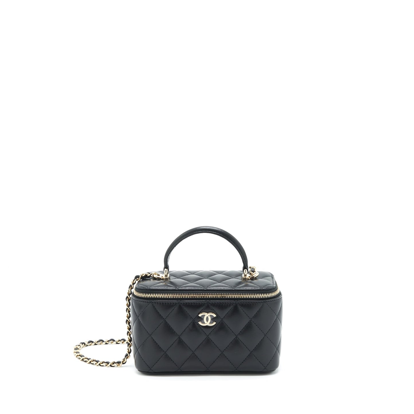 Chanel 22A Mini Top Handle Long Vanity With Chain Lambskin Black L (Microchip)